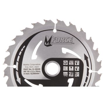 T.C.T. Zāģripa kokam 165X2X20mm 15° T24 M-FORCE