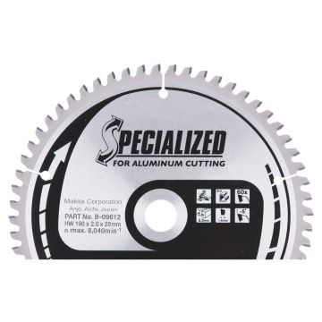 T.C.T. Zāģripa alumīnijam 190X2X20mm -5° T60 SPECIALIZED priekš alumīnija