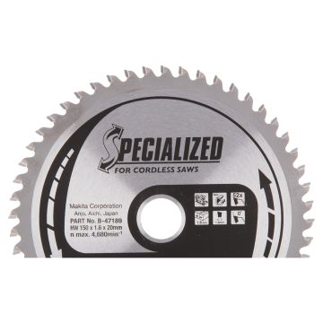 T.C.T. Zāģripa alumīnijam 150X1.6X20mm 0° T52 SPECIALIZED akumulatora ripzāģiem