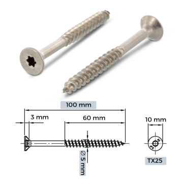 5x100/60 A2 Skrūve kokam Torx 25 (100gb) bez zeņķa