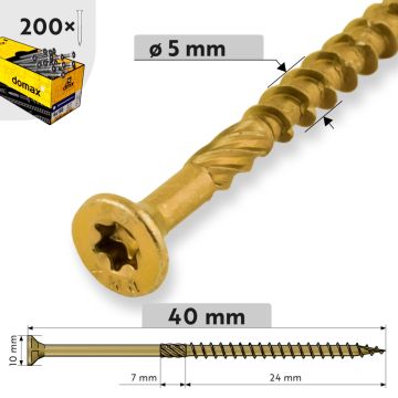Koka konstrukciju skrūve ar konusa galvu, 5 mm x 40 mm, 200gb